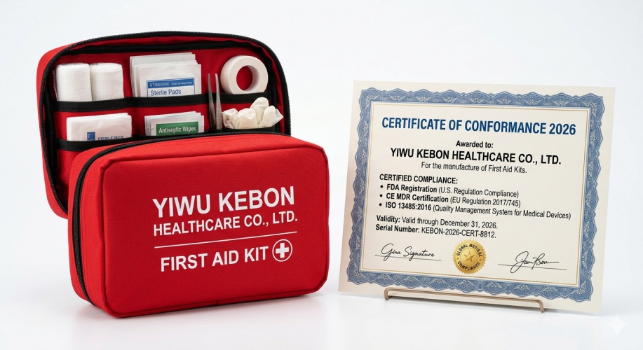Yiwu Kebon Healthcare: 2026 FDA-, CE- en ISO 13485-certificeringen vernieuwd voor EHBO-koffers